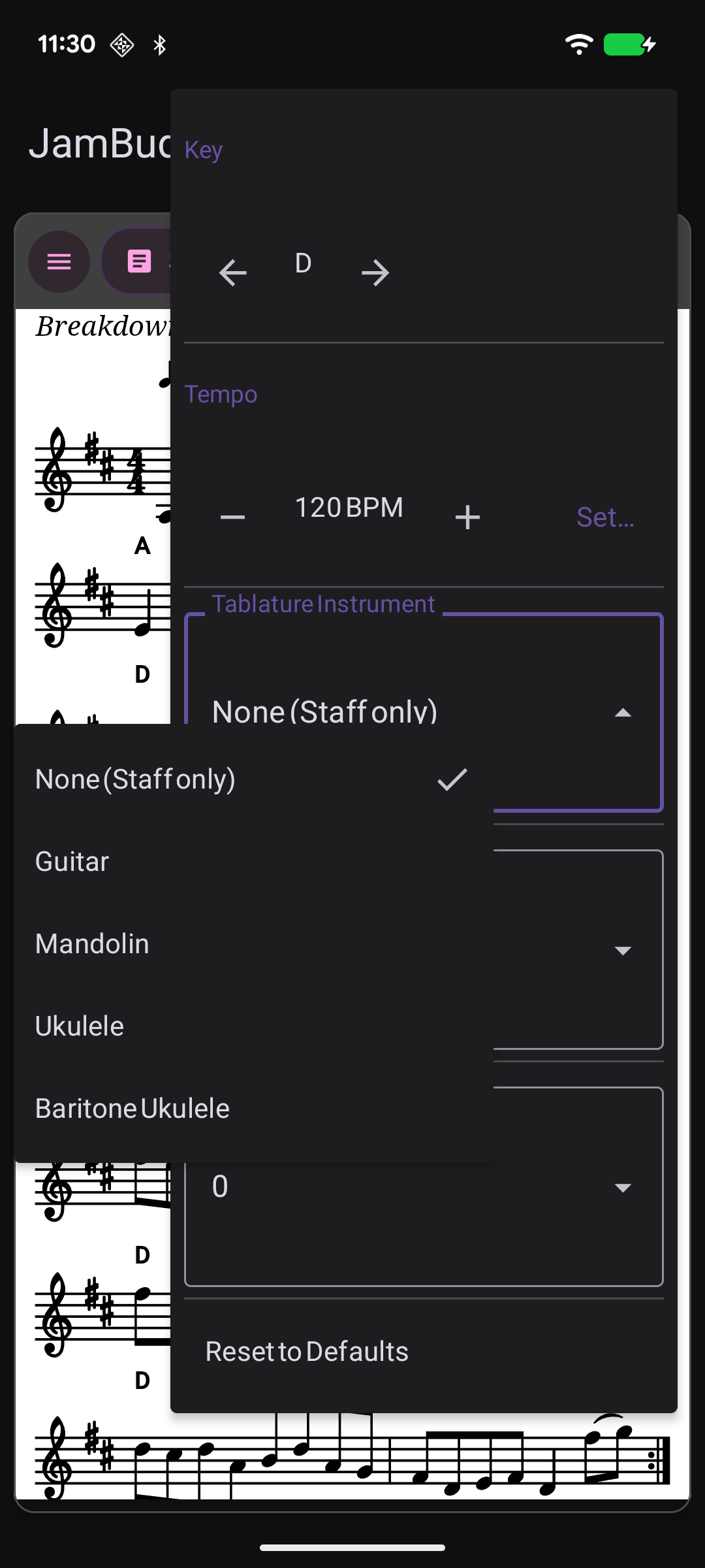 Tablature instrument selector showing None, Guitar, Mandolin, Ukulele, Baritone Ukulele options