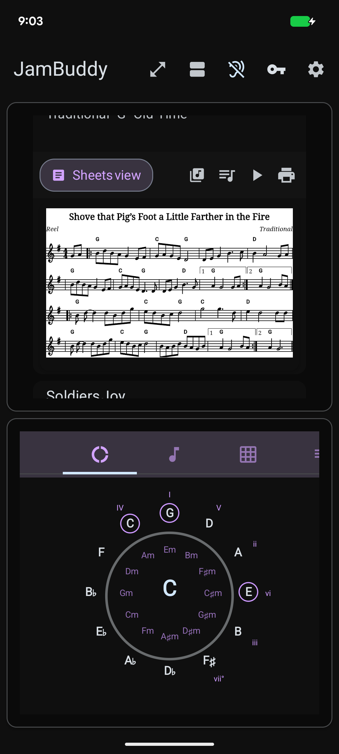 Two-window layout with Circle and Sheet Music