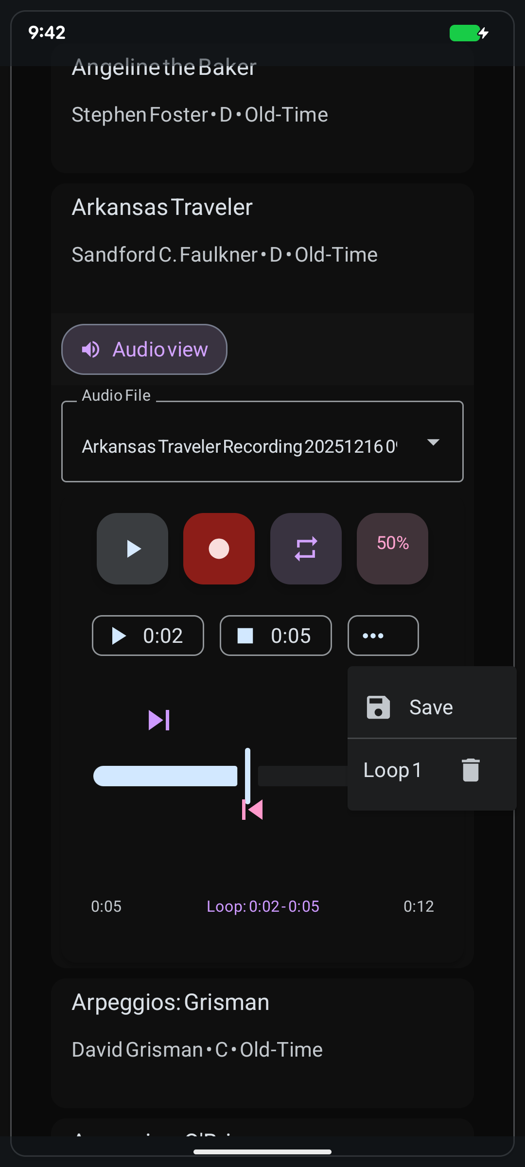 Audio player with slowdown and looping
